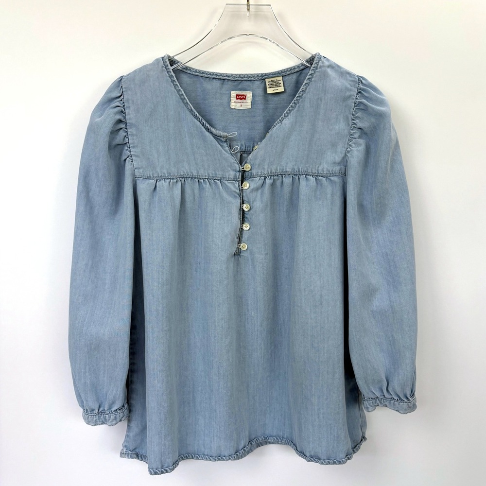 Levi's Halsey Chambray Peasant Blouse Prairie Romantic Cottagecore 3/4 Sleeve S